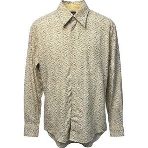 Claiborne Mens Yellow Blue Ditsy Floral Print Cotton Button Down Shirt Large